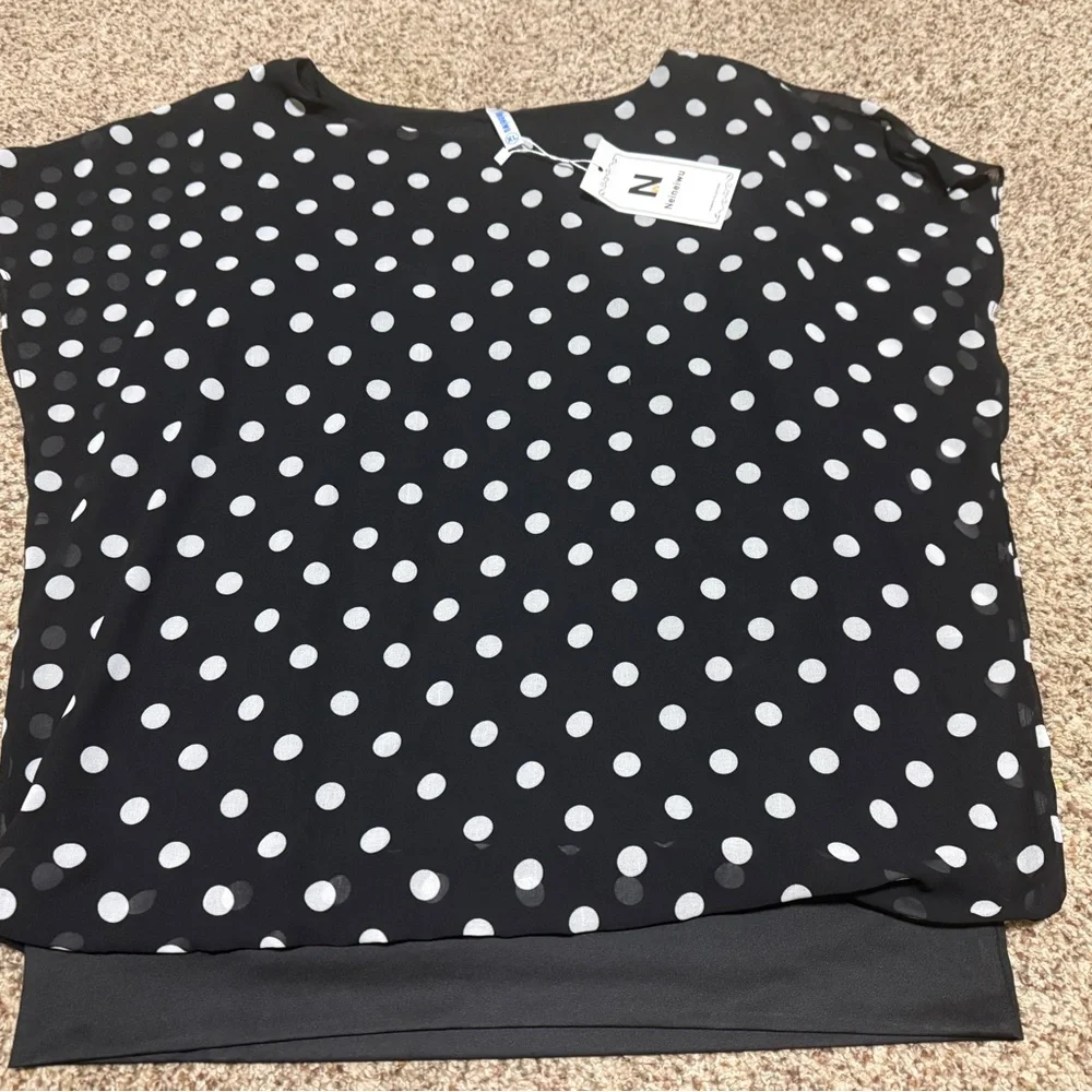 Black White Polka Dot Chiffon Blouse Top Womens Size XL NWT - Picture 7 of 12